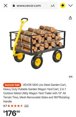 VEVOR 1400 Lbs Steel Garden Cart, Heavy Duty Pullable Garden Wagon Yard Cart, 2 in 1 Outdoor Metal Utility Wagon Yard Trailer with 13" All Terrain Tir
