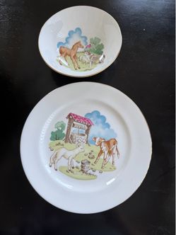 Vintage Children's Farm Animal Plate and Bowl Set