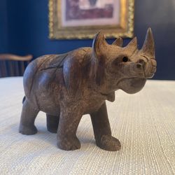 Hand-Carved Wooden Rhino Figurine