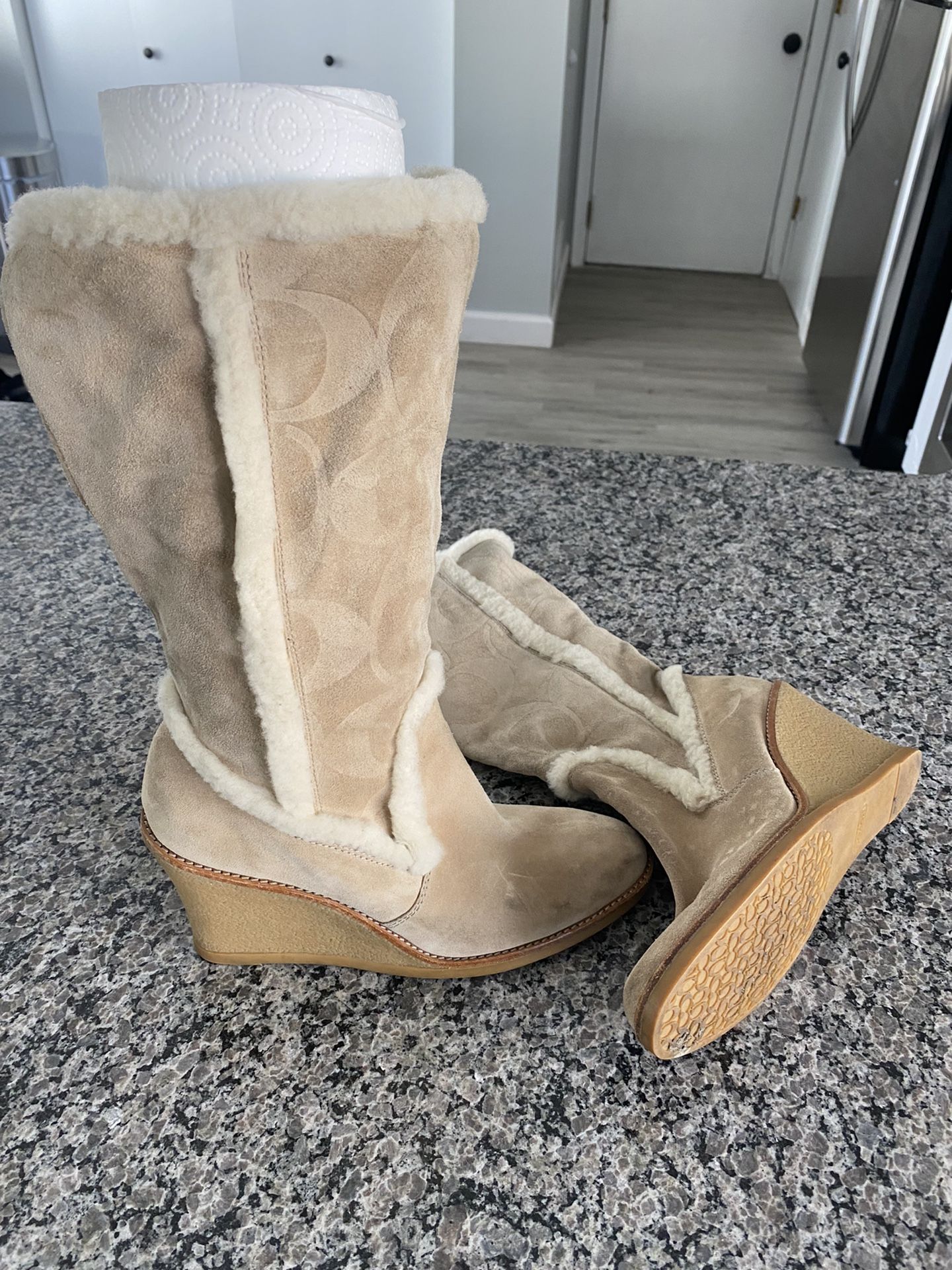 Coach Wedge Suede And Shearling Trim Jordana Boots Sz 9.5