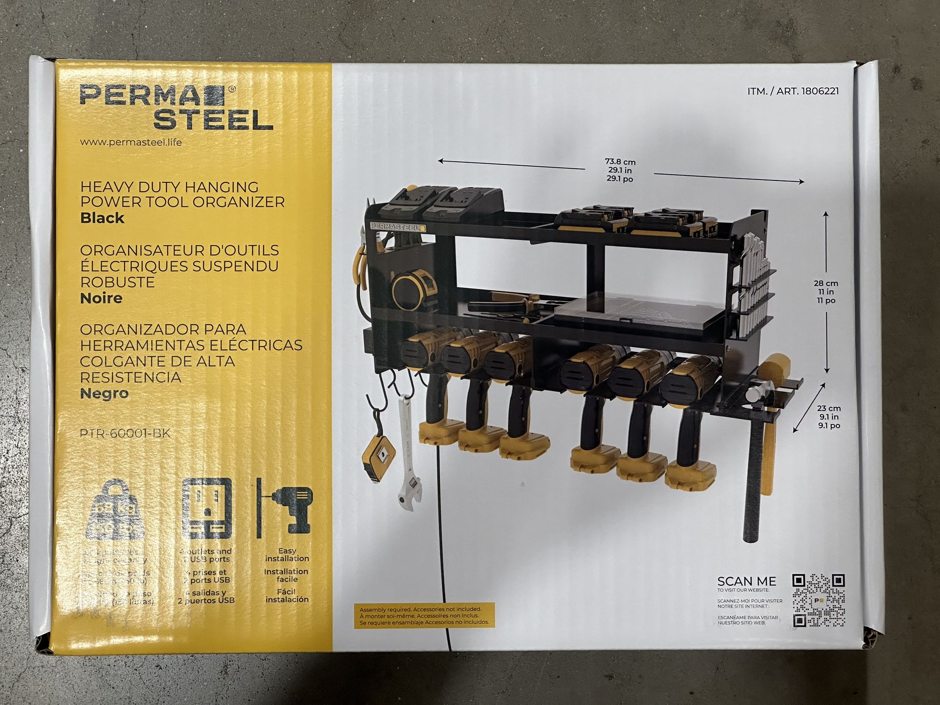 NEW IN BOX PERMA STEEL HEAVY DUTY HANGING POWER TOOL ORGANIZER WITH POWER STRIP