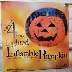Like NEW Vtg Halloween. Lighted 4 Ft Inflatable Pumpkin in Original Box For Outdoor Or Indoor Use