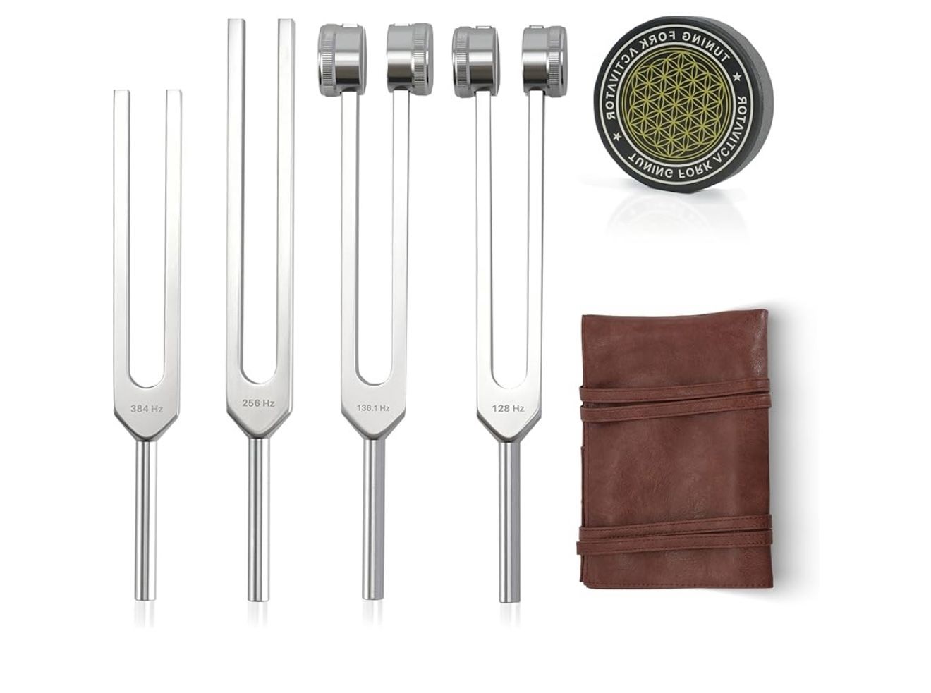 Tuning Forks for Healing Set - Includes 128Hz, 136Hz, 256Hz, 384Hz & Activator, Portable in Red Leather Pouch - Medical Grade Sound Healing Instrument