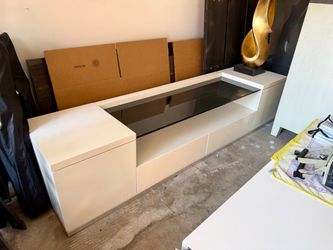 Modern White TV Stand with Glass Top