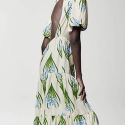 ZARA Sofia Open Back Cream Green Blue Tiered Dress Size Medium