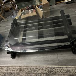 Glass Top Coffee Table + TV Stand Set — Black Cylinder Base, Mid Century Modern Style