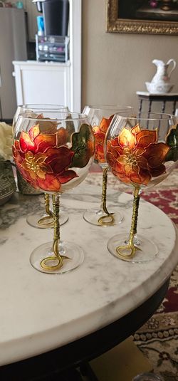 Set of 4 Hand-Decorated Italian Winter Wine Glasses - Mint Condition- Never Used