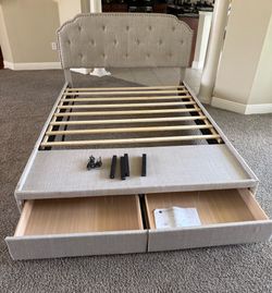 Upholstered Platform Bed Frame with Storage Drawers – Queen Size