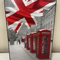 New British flag and telephone booths London picture 16"H × 11"W
