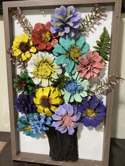Framed Flower Decor Made from Pine ConesHandMade