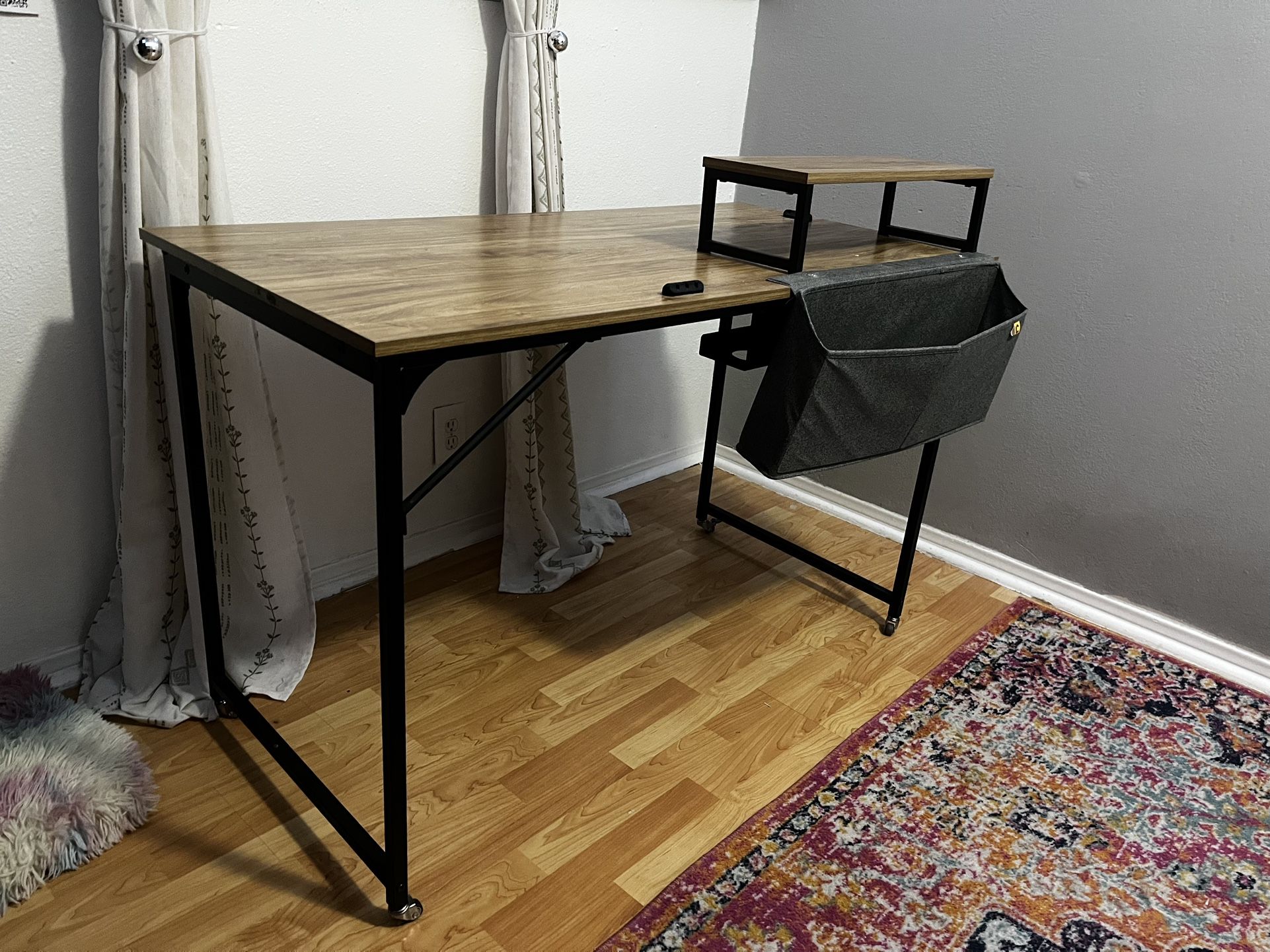 Computer Desk 47 Inch Home Office Writing Desk Student Study Desk with Monitor Stand and Storage Bag, Walnut