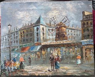 Original oil on canvas painting of the Moulin Rouge in Paris