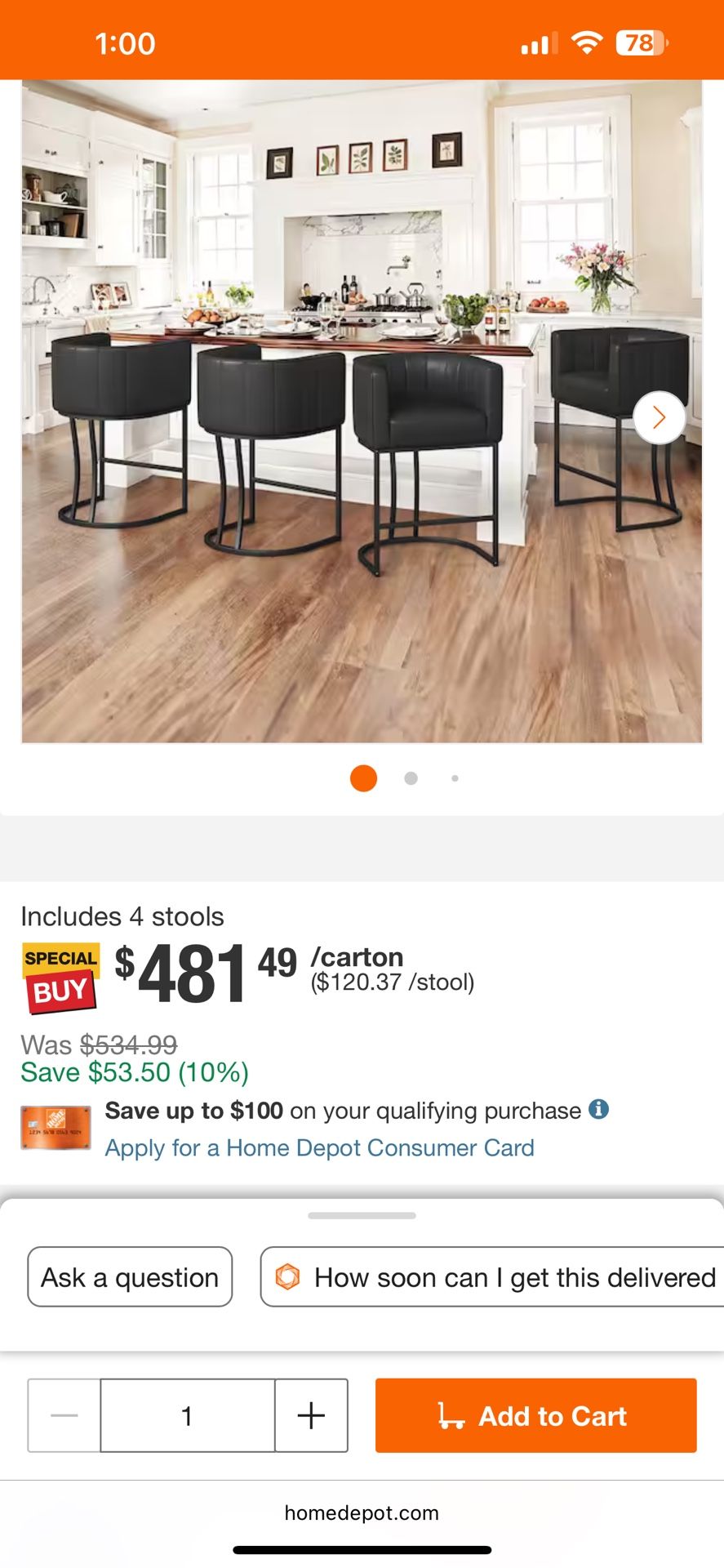 4 Black Leather Bar Stools