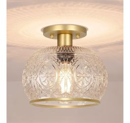 Gold Semi-Flush Mount Ceiling Light with Globe Glass – Vintage Ceiling Lighting for Hallway, Kitchen, Entryway, Bathroom & Closet