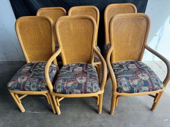Set of 6 Rattan and Cane Dining Chairs with Tropical Upholstery