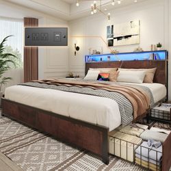 New Heavy Duty King Bed Base with Charging Station and LED Lights, Metal Bed Frame with 4 Storage Drawers and Headboard, No Box Spring Needed, Easy As