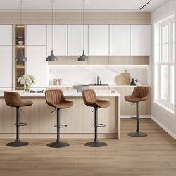 Modern 33.10 in. Height Cognac Faux Leather Swivel Adjustable Height Low Back Bar Stools with Metal Frame (Set of 4）