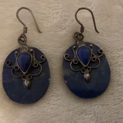 Vintage 925 Sterling Silver And Solid Lapis Lazuli Dangling Earrings 