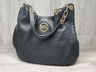 Michael Kors Fulton Large Shoulder Bag Black Leather Gold MK Logo (A1D030211)