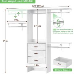 🥨5FT Small Closet System with 3 Fabric Drawers, 60 Inches Walk In Closet Organizer System With 3 Adjustable Shelves, Heavy Duty Clothes Rack Built-In