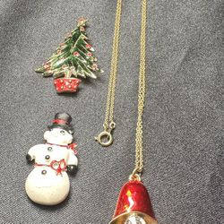 CHRISTMAS - VINTAGE BROOCHES ~ CHRISTMAS BELL NECKLACE, SNOWMAN, CHRISTMAS