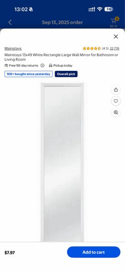 Mainstays 13x49 White Rectangle Large Wall Mirror + Free Blue LED Desk Mirror