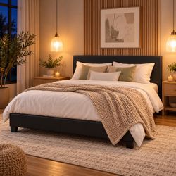 Queen size Bed frame Black Faux Leather Platform