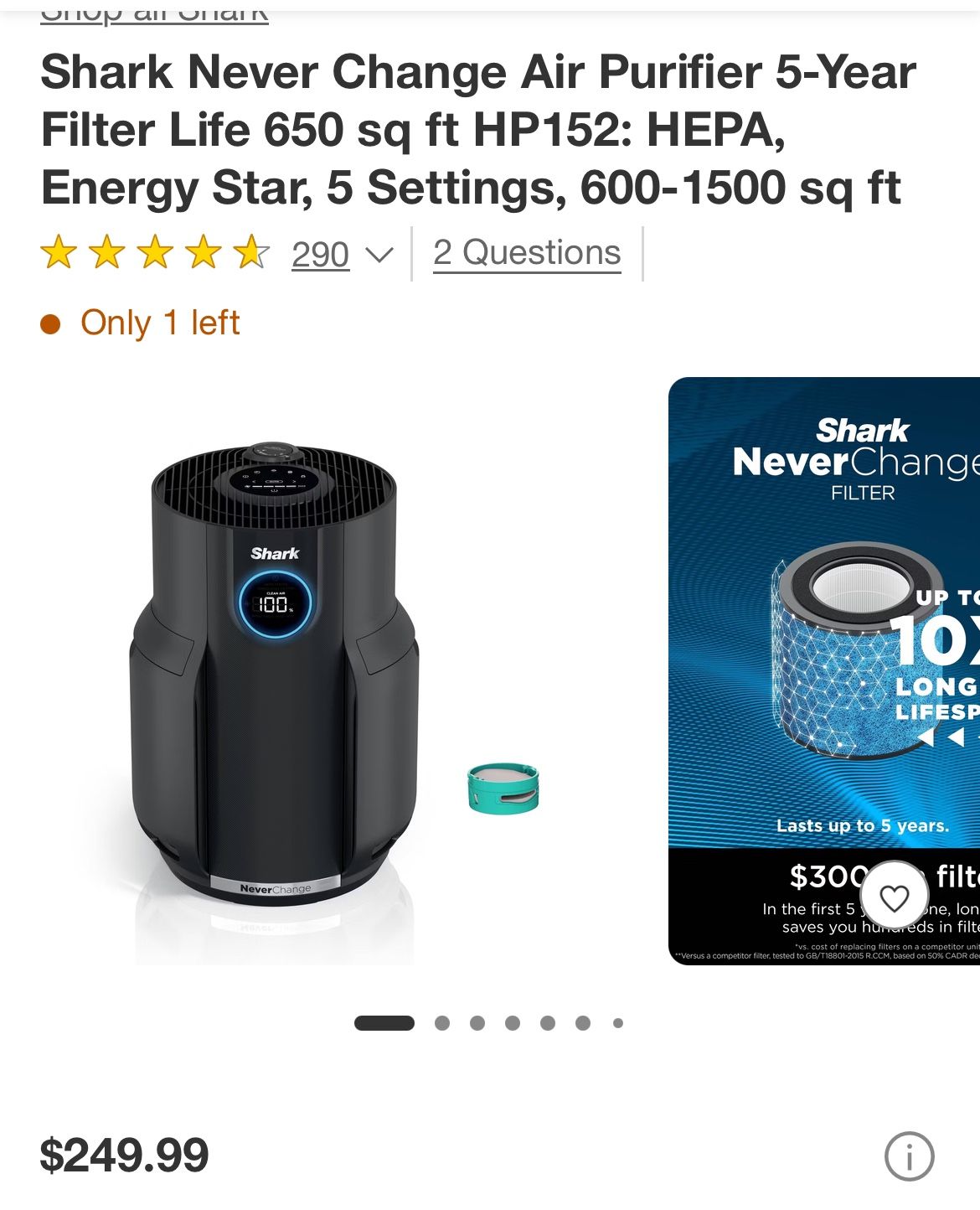 Shark Never Change Air Purifier 5-Year Filter Life 650 sq ft HP152: HEPA, Energy Star, 5 Settings, 600-1500 sq ft