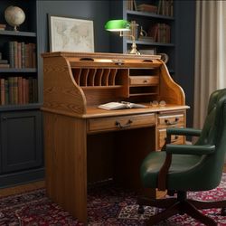 Solid Oak Roll-Top Desk by Winners Only Inc. – Locking Secretary Desk