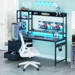 48 Inch Gaming Desk with Hutch & 3 Fabric Drawers, Computer Desk with USB Ports & LED Lights, Reversible Pc Gamer Table with Monitor Stand 
