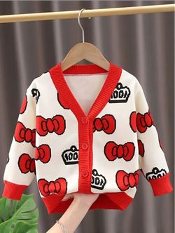Hello Kitty Chic Red bows and Krowns little Girls' Knit Sweater/Cardigan Size Medium 9-10- Birthday Gift ❤️🎀✨️