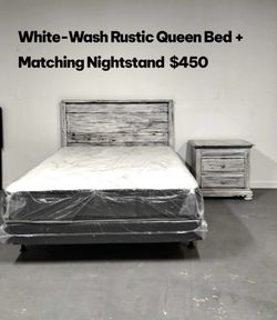 White-Wash Rustic Queen Bed + Matching Nightstand   Bring a farmhouse charm to your bedroom with this handcrafted rustic white-wash set. ✅ Includes he