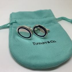 Tiffany Co Sterling Silver Blue Enamel Oval Cuff Links Cufflinks W/ Pouch