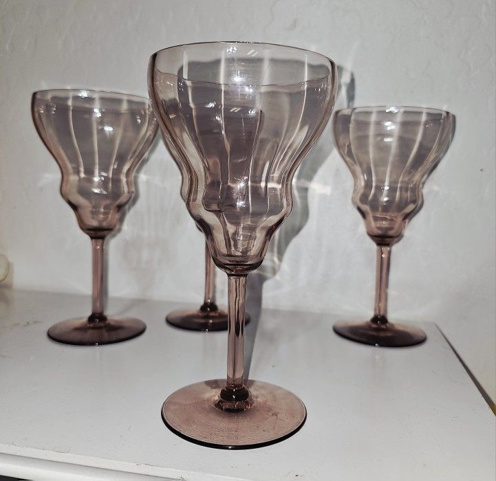 4 Vintage Pink Depression Glass Paneled Optic Stemmed Goblet Glasses 6 7/8"