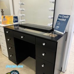 Glass Top Black Vanity With LED Light Mirror 