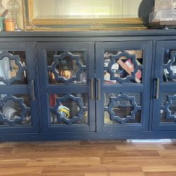 Navy Blue Credenza / Sideboard with Moroccan Lattice Doors Storage Cabinet