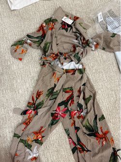 Tropical floral small bird of paradise stripe tie sleeve resort vacation set