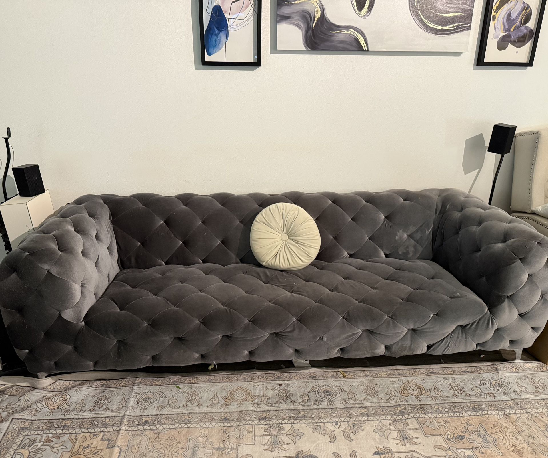 Luxury Tufted Grey Modern Couch With Matching Armchair