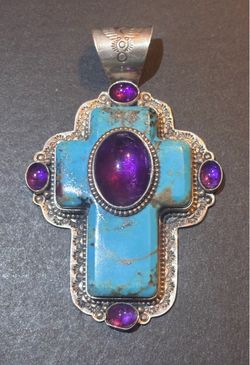 David Troutman Navajo Sterling Silver Turquoise Amethyst Cross Statement Pendant