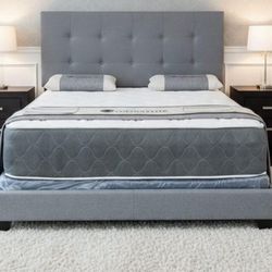 BRAND NEW QUEEN SIZE GRAY LINEN TUFFED BED FRAME WITH NEW MATTRESS SET/FAST DELIVERY