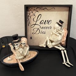 Halloween Skeleton Couple Decor – “Love Never Dies” Sign & Figurines 💀❤️