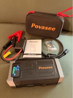 Povasee Jump Starter with Air Compressor (5000A) – Portable Jump Box for Up to 9L Gas / 8L Diesel Engines; Inflates Tires Up to 150 PSI – 12V Car Batt