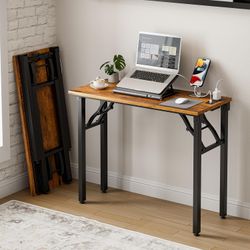 Small Folding Computer Desk 35.8 Inch Built-in AC/USB Outlets, Rustic Brown      