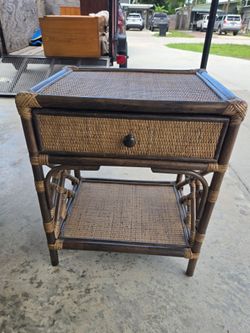 Coastal Boho Chic Style Rattan and Wicker Nightstand with Drawer or End Table