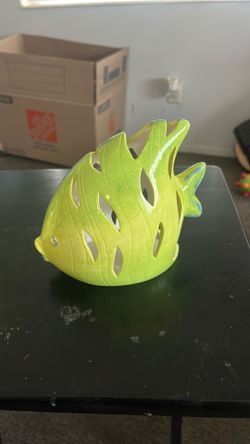 Lime Green Pottery Angel Fish Votive Candle Holder W/Illuminating Cutouts