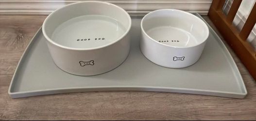 Dog bowls and mat