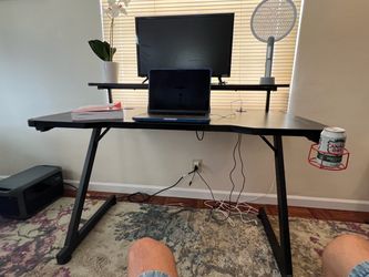 Black Computer / Gaming Desk with Monitor Shelf & Cup Holder