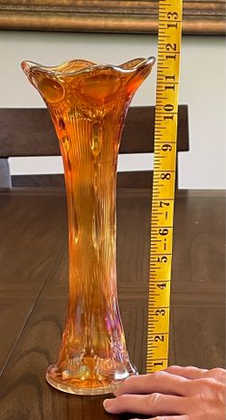 Vintage Marigold Carnival Glass Swung Vase 12" Tall Iridescent Ribbed Ruffled Rim
