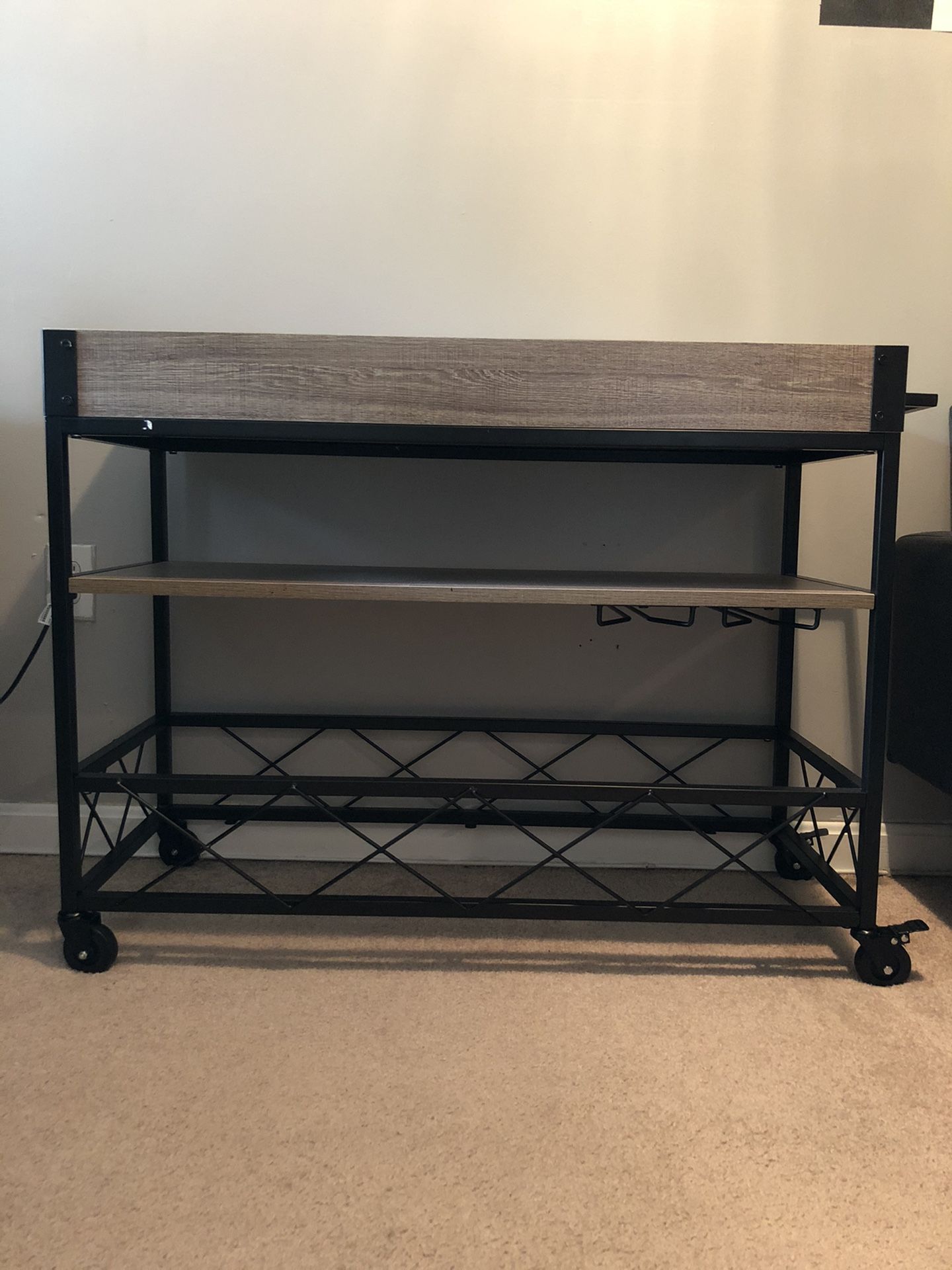 Distressed wood & metal kitchen serving & bar cart with wine glass holders