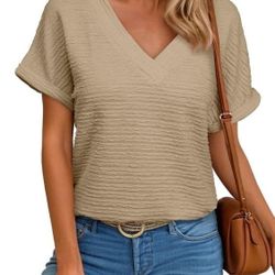 New Sz Large V Neck Textured Tan Beige Short Sleeve Top